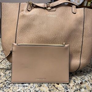 Calvin Klein Nude-Beige Tote with Matching Pouch-measuring 13 x 18 x 5“